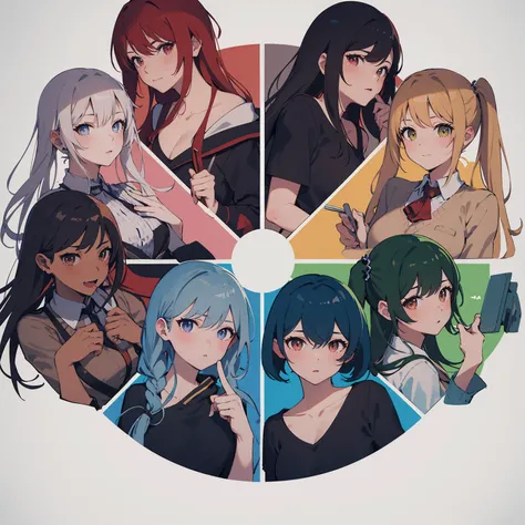 masterpiece, best quality, highres, absurdres, <lora:cwc-000006:1>, cwc, color circle, multiple girls, 5girls, shirt,