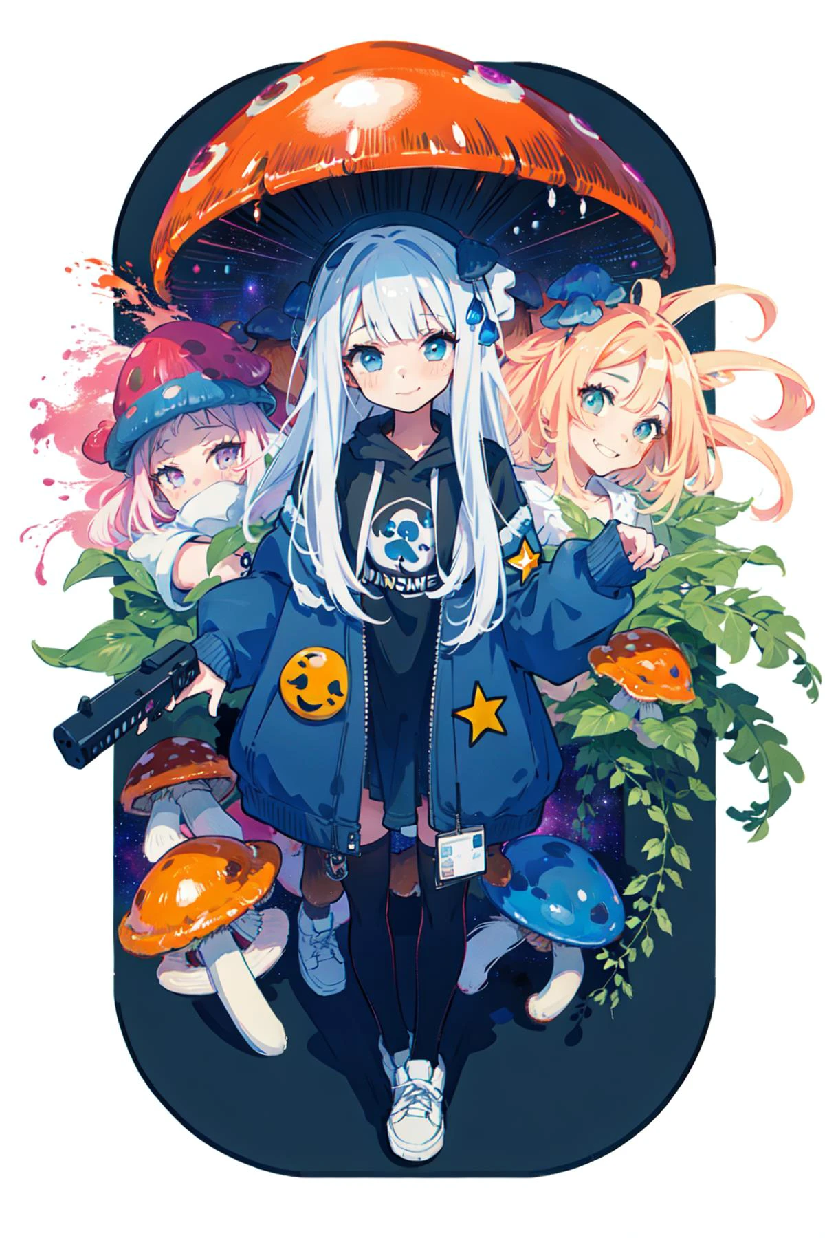 <lora:Mushroom:0.7> (1girl,galaxy and universe theme mushrooms,monster girl, :1.5),(hyperactivity after taking drugs,smirking,:1.3)
(extremely detailed CG unity 16k wallpaper,best quality,extreme quality,masterpiece,ultra-detailed,:1.3),
<lora:cwc:1> cwc, (color circle:1.20), multiple girls, 5girls,