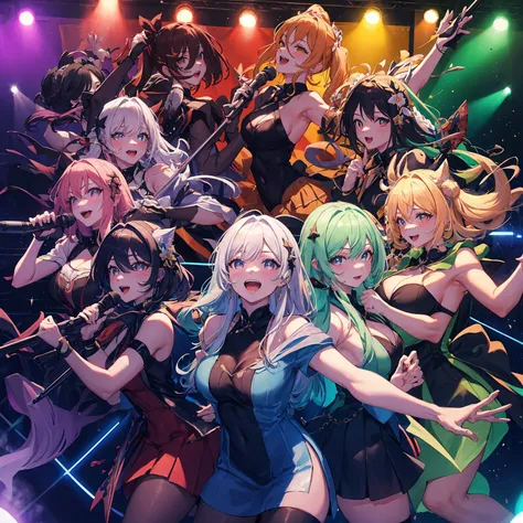 masterpiece, best quality, highres, absurdres, <lora:cwc-000006:1>, cwc, (color circle:1.16), multiple girls, 5girls, concert, karaoke, crowd, spotlights, lights, dancefloor,