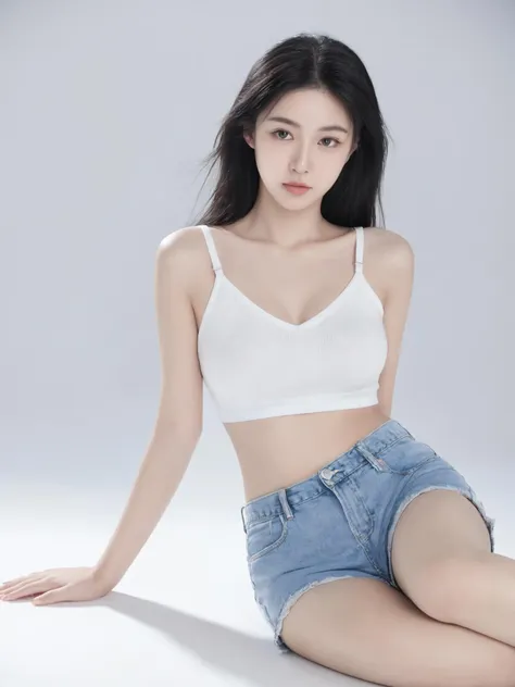 hanfeng, 1girl, solo, black hair, long hair, shorts, barefoot, sitting, denim, looking at viewer, lips, denim shorts, nail polish, breasts, camisole,simple background, bare shoulders, short shorts, closed mouth, bare legs, toenails,
best quality,high resolution,photo_\(medium\),photorealistic,realistic,finely detail,extremely detailed, <lora:hanfengsheyingXL-000016:0.65>