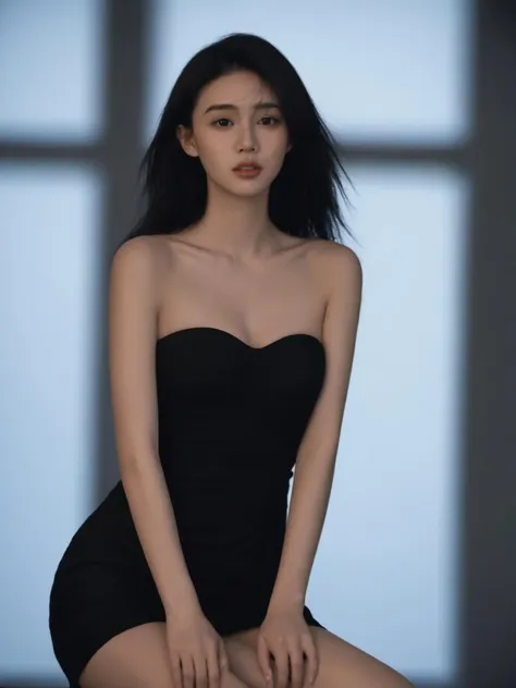 hanfeng, 1girl, solo, black hair, dress, black dress, strapless, strapless dress, bare shoulders, sitting, looking at viewer, parted lips, long hair, collarbone, blurry background, blurry, lips, window, realistic, short dress, hair between eyes, breasts,
best quality,high resolution,photo_\(medium\),photorealistic,realistic,finely detail,extremely detailed, <lora:hanfengsheyingXL-000016:0.65>