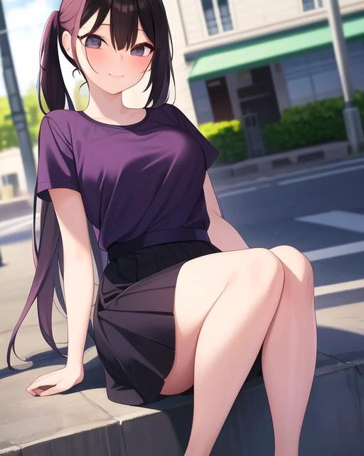 low angle, young woman sit in street, skirt, purple t-shirt,