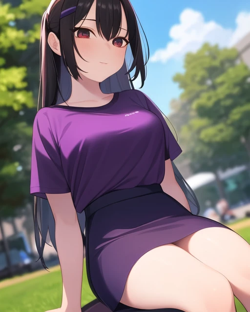low angle, young woman sit in the park, skirt, purple t-shirt,