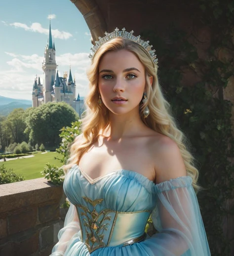 (Cinematic Photo:1.3) of (Masterpiece:1.3) A portrait of a (Belle) princess woman beautiful, dress crystal crystallized yellow pastel ornate drops transparent, hair blonde, fantasy, Medieval, epic hyper-detailed masterpiece ultra-wide, cinematic still, glamour hyper shoot, bokeh, pre-raphaelite, photo, realistic, octane render, 35 mm, photography, 8k resolution, 8 k, cinematic lighting, photographic, Eastman Kodak Color Negative film 5251 50T shot on panavision super, art by Bagshaw Tom, stanley, greg rutkowski, thomas kinkade, norman rockwell,(Cowboy-shot:1.2), (85mm),light particles, lighting, (highly detailed:1.2),(detailed face:1.2), (gradients), sfw, colorful,(detailed eyes:1.2), (detailed ladscape, garden, plants, castle:1.2),(detailed background),detailed landscape, (dynamic angle:1.2), (dynamic pose:1.2), (rule of third_composition:1.3), (Line of action:1.2), wide shot, daylight, solo,Highly Detailed,(80s Art:1.3),(Magical Realism:1.3),(Classical Realism:1.3),(Fujifilm Superia:1.3)