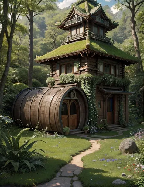 (Cinematic Photo:1.3) of (Ultrarealistic:1.3),(Grim:1.3) Masterpiece, best quality, (very detailed CG unity 8k wallpaper), (best quality), (best illustration), (best shadow), round radish hut covered with moss, octane rendering, ray tracing, very detailed,Highly Detailed,(Art Nouveau:1.3),(Fujifilm Superia:1.3),naturalism,land Art,regionalism,shutterstock contest winner,trending on unsplash,featured on Flickr