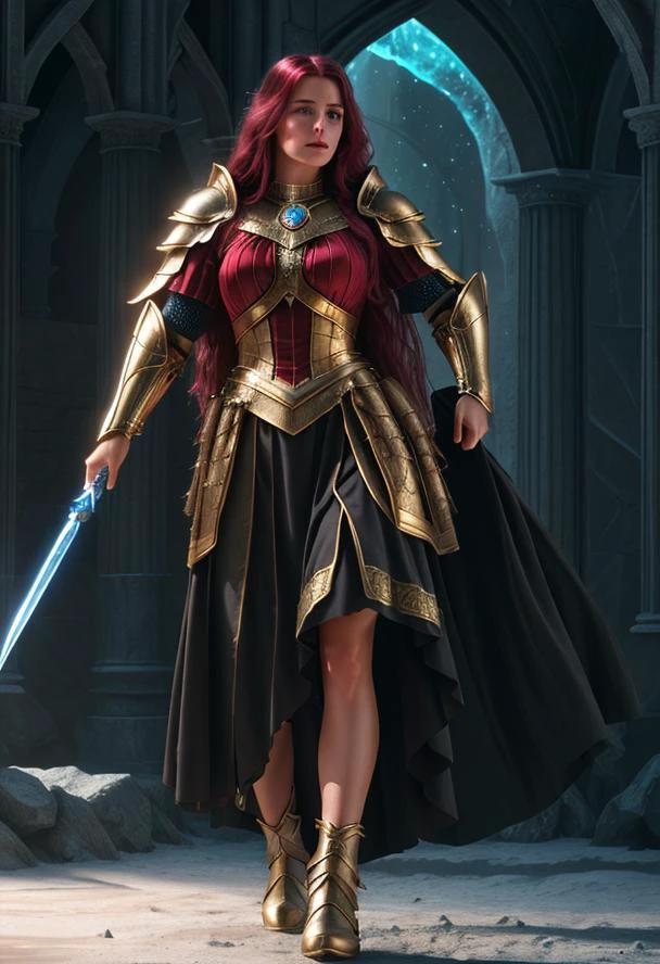 wizard, 1girl ,1980s, beauty face, armor gold, skirt red, ((realism)), extremely high quality RAW photograph, ultra detailed photograph, sharp focus, high resolution, (detailed skin:1,3),high quality, film grain, Fujifilm XT3,Highly Detailed, movie, (Cinematic Photo:1.3) of (Realistic:1.3),(Disgusting:1.3) Photorealism, (Magical Photo:1.3) of (Realistic:1.3), Crystalcore, Bejeweled, ethereal, hyperdetailed fantasy character, Dreamlike, Ethereal Fantasy, Realistic, Fiction, Full-HD, HD, 8K, Soft Lighting, Beautiful Lighting,Highly Detailed,Highly Detailed,(Photorealism:1.3)