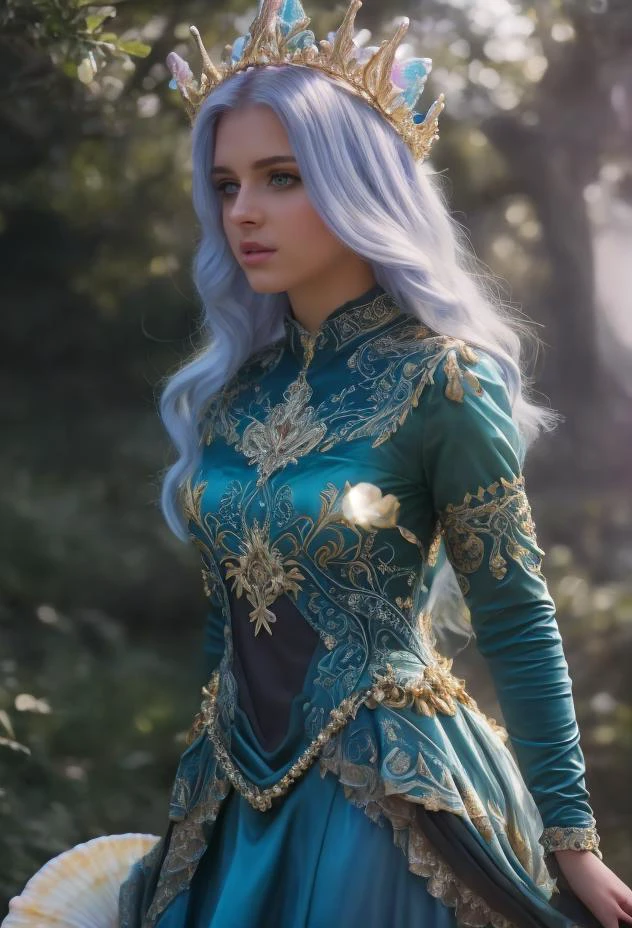 a photography, HD,, photo, woman, beautiful dress ornate, in the style of stefan kostic, realistic, half body shot, sharp focus, 8 k high definition, insanely detailed, intricate, elegant, art by stanley lau and artgerm, extreme blur flames background, Princess girl with wing, Blue, Pastel, glitter, dramatic, dreamy, pastel, Watercolor, Whimsical, Delicate, seashell crown, Trending on Artstation, Highly detailed, Intricate, Portrait, digital painting, Fantasy theme, Fantasy robes, Fantasy concept art, Fantasy character art, Smug, age girl, perfect body, full body, dreamy, pastel, Watercolor, Whimsical, Delicate, seashell crown masterpiece, 8k, perfect lighting, , adult, female, cowboy shot, looking at viewer, cinematic lighting, Fawn