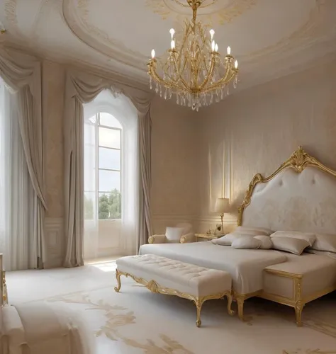 Masterpiece, 4K, beautiful design, absurdres, ,lh_room, a bedroom with a bed and a chandelier, (masterpiece:1.5) (painting:1.1) (best quality) (detailed) (intricate) (8k) (HDR) (wallpaper) (cinematic lighting) (sharp focus)