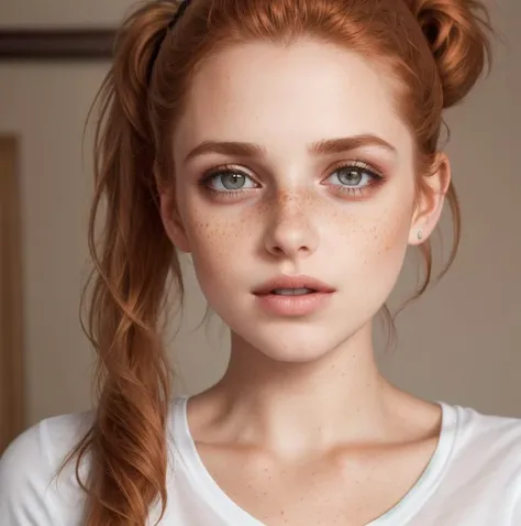 photo,8k,sharp focus,beautiful woman,close up,t-shirt,(detailed eyes:0.8),(looking at the camera:1.4),(highest quality),(best shadow),brown eyes,rim lighting,two tone lighting,dimly lit,low key,intricate details,interior,ponytails,ginger hair:1.3,open mouth:0.7,freckles, <lora:HelenS:1> <lora:x4-upscaler-ema:1>