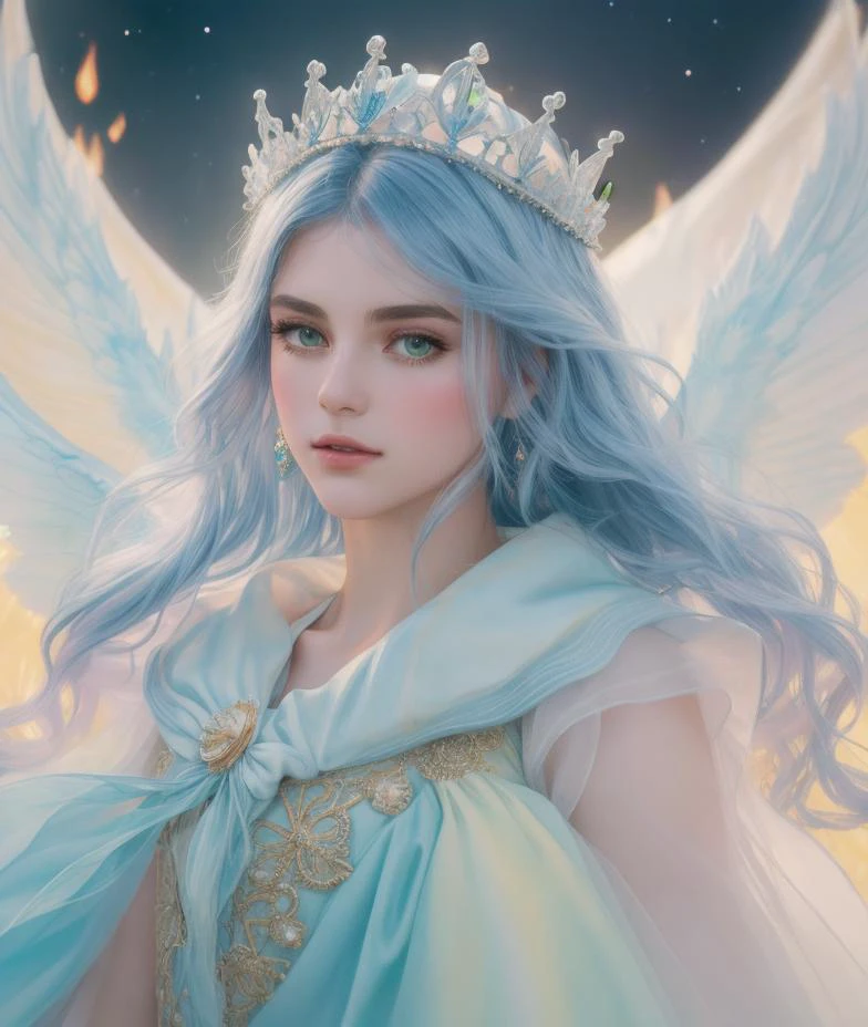 a photography, HD,, photo, woman, beautiful dress ornate, in the style of stefan kostic, realistic, half body shot, sharp focus, 8 k high definition, insanely detailed, intricate, elegant, art by stanley lau and artgerm, extreme blur flames background, Princess girl with wing, Blue, Pastel, glitter, dramatic, dreamy, pastel, Watercolor, Whimsical, Delicate, seashell crown, Trending on Artstation, Highly detailed, Intricate, Portrait, digital painting, Fantasy theme, Fantasy robes, Fantasy concept art, Fantasy character art, Smug, age girl, perfect body, full body, dreamy, pastel, Watercolor, Whimsical, Delicate, seashell crown masterpiece, 8k, perfect lighting, , adult, female, cowboy shot, looking at viewer, cinematic lighting, Fawn <lyco:locon_flmngprsn_v1_from_v1_64_32:1.0>