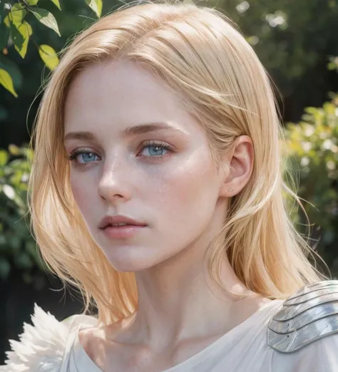 angel, armor gold  (masterpiece, best quality, high resolution:1.4), 1girl, angel, skin pores texture,  Hair blonde, HD , Photography, movie, cinematic, full Body, Realistic, (8k, RAW photo, best quality, masterpiece:1.2), (realistic, photo-realistic:1.33), best quality, detailed eyes blue, cute,natural lighting, depth of field, film grain, wrinkled skin, sharp, detailed and realistic portrait of a woman ,(freckles:0.5) , outside, wearing a white t shirt, staring at camera, chapped lips, soft natural lighting, portrait photography, magical photography, dramatic lighting, photo realism, ultra-detailed, intimate portrait composition, Leica 50mm, f1. 4