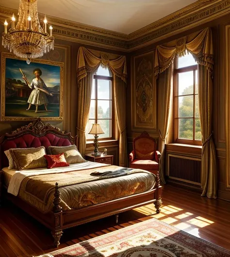 Masterpiece, 4K, beautiful design, absurdres, ,lh_room, a bedroom with a bed and a chandelier, (masterpiece:1.5) (painting:1.1) (best quality) (detailed) (intricate) (8k) (HDR) (wallpaper) (cinematic lighting) (sharp focus)