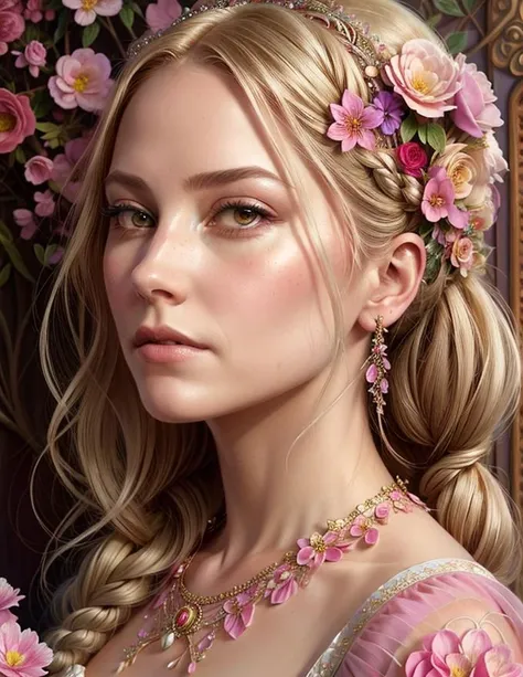 rapunzel princess in dress baroque ornate pink, woman beautiful face full body portrait in hair braid blonde and flowers!!! intricate, elegant, highly detailed, sharp focus, art by tom bagshaw, highly detailed, artstation, concept art, smooth, sharp focus, illustration, art by artgerm and greg rutkowski and alphonse mucha, ultra realistic photo,