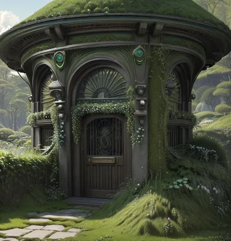 (Cinematic Photo:1.3) of (Ultrarealistic:1.3),(Grim:1.3) Masterpiece, best quality, (very detailed CG unity 8k wallpaper), (best quality), (best illustration), (best shadow), round radish hut covered with moss, octane rendering, ray tracing, very detailed,Highly Detailed,(Art Nouveau:1.3),(Fujifilm Superia:1.3),naturalism,land