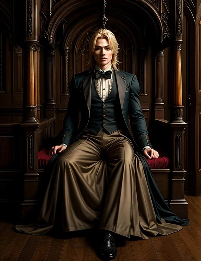1man, handsome man, portrait upper body of alucardcastlevania wear court suit in bedroomgothic room, candle, looking at viewer, dim light, dark, horror \(theme\), realistic, long blonde,<lora:ARWBedroomGothic:1>