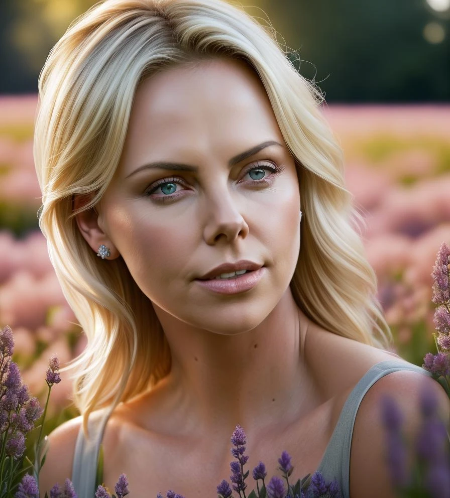 woman, beautiful detailed face, black, medium breast, (Charlize Theron:), in dress, flower meadow around soft light, sharp, exposure blend, medium shot, bokeh, (hdr:1.4), high contrast, (cinematic, teal and orange:0.85), (muted colors, dim colors, soothing tones:1.3), low saturation, (hyperdetailed:1.2), (noir:0.4), (intricate details:1.12), hdr, (intricate details, hyperdetailed:1.15), (skin texture, hyperrealism, soft light, sharp:1.2)