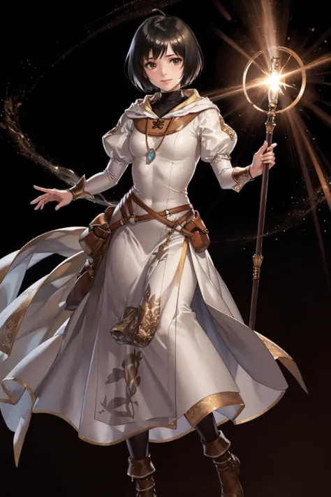 masterpiece, best quality, laura fe, pantyhose, necklace, bag, black pantyhose, standing, FEH, black background, simple background, holding a wizard's staff with two hands, casting magic, holy magic, white theme, furrowed brow, smile <lora:Laura_FE-10:0.9> <lora:FEH_Concept_v2:1>