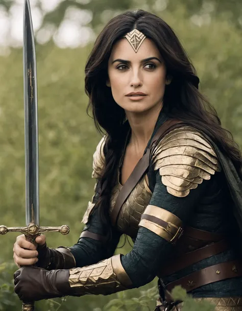 cinematic photo (full height:1.3), a powerful (((ohwx woman))) As Diana Prince (wonder (((ohwx woman)))) from wonder (((ohwx woman))). Amidst a WWI battlefield, shield and sword raised. Inspired by Krenz Cushart, neoism, kawacy, wlop, gits anime. Her flowing black hair symbolic of her godly origins and strength. <lora:penelope_lora_sdxl_v1-000008:1> . 35mm photograph, film, bokeh, professional, 4k, highly detailed