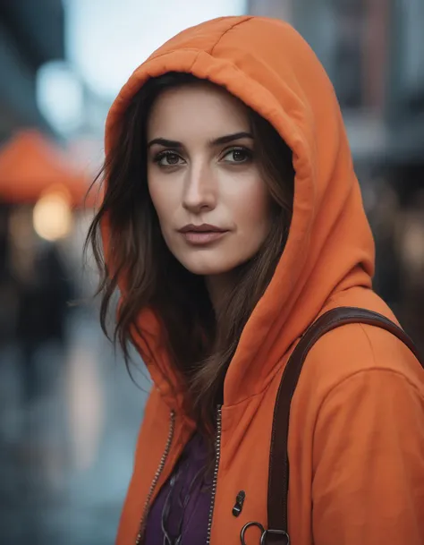 cinematic photo portrait of (((ohwx woman))) wearing an orange hoody, by don bluth. trending on artstation and deviantart pinterest photorealistic hd 8 k highlights & shadow detailed high resolution award winning photography red black purple neon colors octane render hyperrealism cinematic greg rutkowski mucha magali villeneuv lisa frank / apocalyptic color scheme warhammer 40 s retrofure style atmosphere evil fantasy intricate details portrait character concept fashion design <lora:penelope_lora_sdxl_v1-000008:1> . 35mm photograph, film, bokeh, professional, 4k, highly detailed