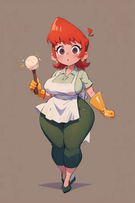 (masterpiece, best quality:1.2),  <lora:dextersmom:1>, dextersmom, 1girl, solo, looking at viewer, large breasts, wide hips, gloves, apron, jewelry, pants, shirt, simple background,