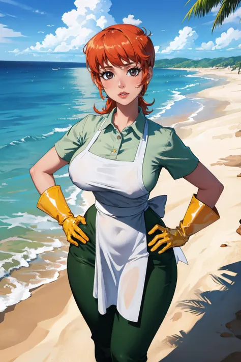 (masterpiece, best quality:1.2),  <lora:dextersmom:1>, dextersmom, 1girl, solo, looking at viewer, large breasts, wide hips, gloves, apron, jewelry, pants, shirt, desert, outdoors, ocean, hands on hips, reflection,