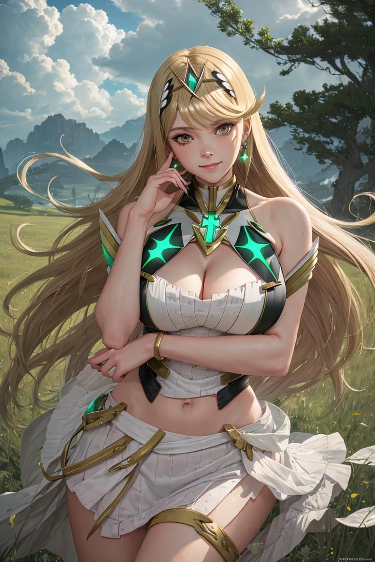 realistic, photo, photorealism, diffused soft film lighting, masterpiece, best quality, ultra-detailed, beautiful lighting, 1girl, blonde hair, long hair, large breasts, solo, mythra (xenoblade), yellow_eyes, looking at viewer, bare shoulders, jewelry, earrings, tiara, bangs,very long hair, floating hair, swept bangs, dress, armor, serious, light smile, meadow background, cloudy sky, cleavage, skinny, skirt, <lora:HikariMythra_v10:0.6>