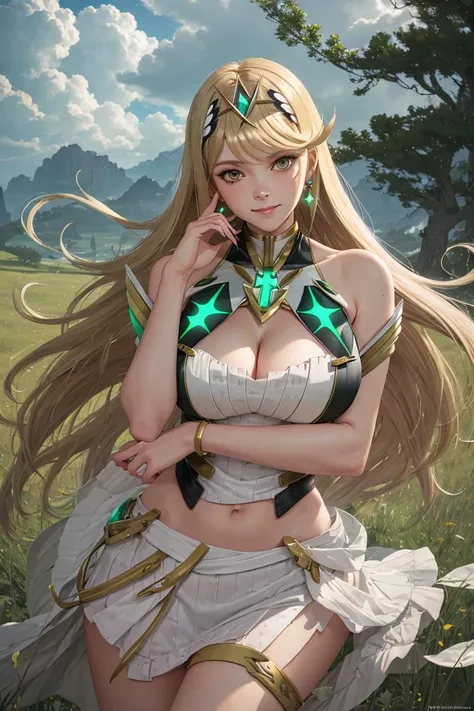 realistic, photo, photorealism, diffused soft film lighting, masterpiece, best quality, ultra-detailed, beautiful lighting, 1girl, blonde hair, long hair, large breasts, solo, mythra (xenoblade), yellow_eyes, looking at viewer, bare shoulders, jewelry, earrings, tiara, bangs,very long hair, floating hair, swept bangs, dress, armor, serious, light smile, meadow background, cloudy sky, cleavage, skinny, skirt, <lora:HikariMythra_v10:0.6>