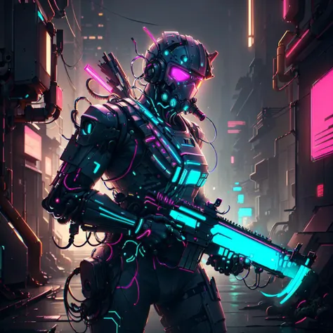 <lora:CyberPunkAI:1> CyberPunkAI ( | neon } soldier , detailed background