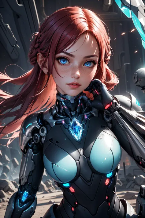 (masterpiece, best quality), <lora:add_detail_v5:0.5>, <lora:stylesqueeze_v2:0.25>,
1 girl, adult (elven:0.7) woman, freckles, light blue eyes, ginger braided hairstyle,
portrait, solo, (full body:0.6), looking at viewer, detailed background, detailed face, (<lora:CyberPunkAI:0.6>, CyberpunkAI theme:1.1), dynamic pose, glass-cyborg, (made of glass:1.1), warrior, gemstone armor, clean glass, mechanical, magical symbols, mystic power, floating particles, magical sparks, reflections, battlefield in background, epic atmosphere,