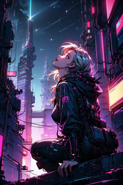 (masterpiece:1.1), (best quality:1.1), (detailed:1.1), (vibrant colors:1.2), BREAK,
(1girl:1.0), (techwear:1.0), (sitting:1.0), (head tilted back:1.2), (looking up at the night sky:1.2), (CyberpunkAI:1.0), <lora:CyberPunkAI:0.8>, BREAK,
(neon:1.0), (from below:1.2), (citiscape:1.2), (skyscrapers:1.0), (starry night:1.0), BREAK,
(cyberpunk:1.0), (90's), (retro:1.0), (synthwave:1.0),