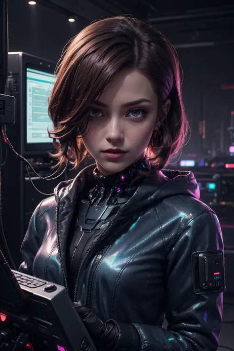 8k uhd, (best quality:1.2), (masterpiece:1.2), very detailed, intricate details, hyper detailed, <lora:realistic:0.3>, <lora:sharpen-soften:-0.25>,
1 girl, adult woman, pink eyes, brown messy hair,
looking at viewer, solo, half shot, detailed background, detailed face, (<lora:CyberPunkAI:0.6>, CyberpunkAI theme:1.1) evil high-tech futuristic hacker, advanced technology, coat, techwear, head-up display, blue (holographic display:1.05), unauthorized, encoded text, computer, cybersecurity, server room in background, stealth, dark sinister atmosphere, shadows,