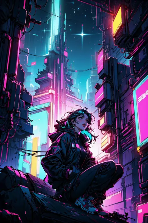 (masterpiece:1.1), (best quality:1.1), (detailed:1.1), (vibrant colors:1.2), BREAK,
(side view:1.0), (1girl:1.0), (techwear:1.0), (sitting:1.0), (head tilted back:1.2), (looking up:1.2), (hands in pocket:1.0), (CyberpunkAI:1.0), <lora:CyberPunkAI:0.8>, BREAK,
(starry night:1.0), (neon:1.1), (low angle:1.0), (from below:1.2), (citiscape:1.2), BREAK,
(cyberpunk:1.0), (90's), (retro:1.0), (synthwave:1.0),