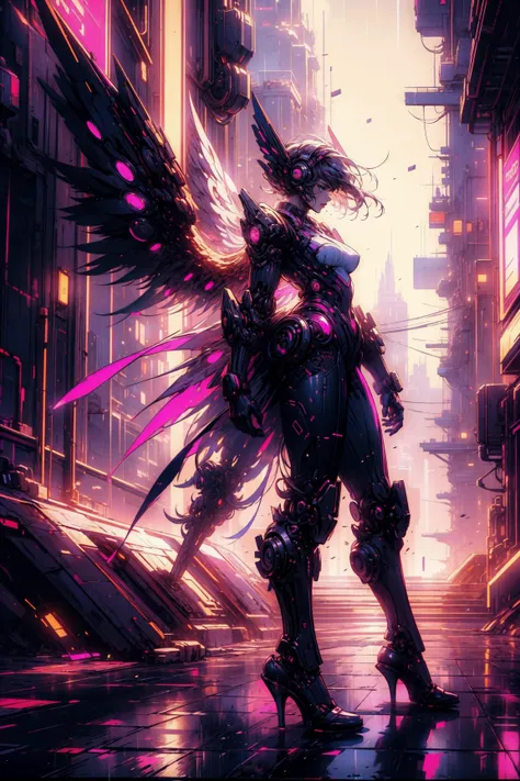 (masterpiece:1.1), (best quality:1.1), (intricate:1.1), (vibrant colors:1.2), BREAK,
(scifi:1.1), (synthwave:1.1), (vaporwave:1.1), (neon:1.0), (CyberpunkAI:1.0), <lora:CyberPunkAI:0.7>, BREAK,
(solo:1.2), (profile:1.1), (woman:1.0), (wrenchsmechs:1.0), (mecha:1.0), (mechanical wings:1.0), (heels:1.0), (wrenchsmechs:1.0), <lora:wrenchsmechs:1.0>, BREAK,
(night:1.2), (moonlight:1.1), (heavy rain:1.0), (wet floor:1.0), (reflections:1.0), (citiscape:1.0)