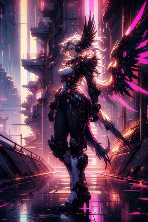 (masterpiece:1.1), (best quality:1.1), (intricate:1.1), (vibrant colors:1.2), BREAK,
(scifi:1.1), (synthwave:1.1), (vaporwave:1.1), (neon:1.0), (CyberpunkAI:1.0), <lora:CyberPunkAI:0.7>, BREAK,
(solo:1.2), (profile:1.1), (woman:1.0), (wrenchsmechs:1.0), (mecha:1.0), (mechanical wings:1.0), (heels:1.0), (wrenchsmechs:1.0), <lora:wrenchsmechs:1.0>, BREAK,
(night:1.2), (moonlight:1.1), (heavy rain:1.0), (wet floor:1.0), (reflections:1.0), (citiscape:1.0)
