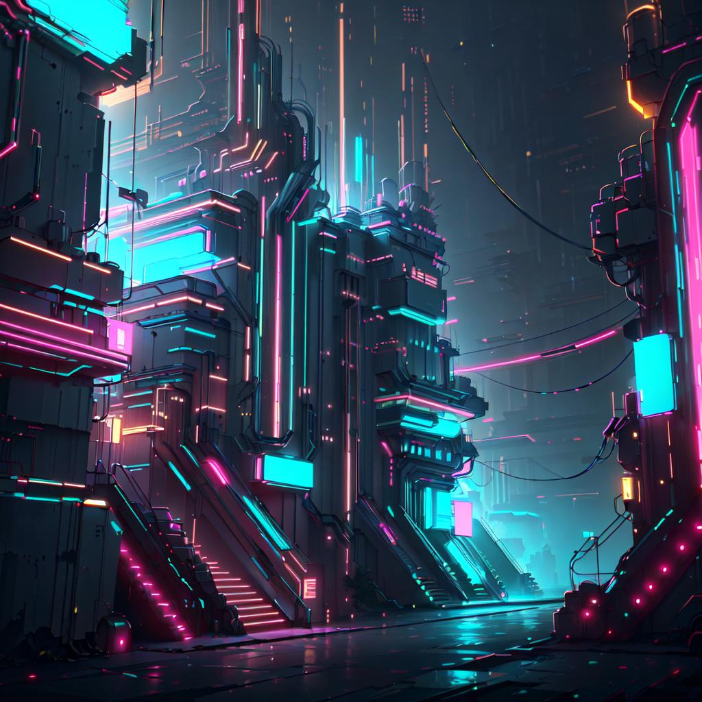 A futuristic city with neon lights and stairs in the middle - SeaArt AI