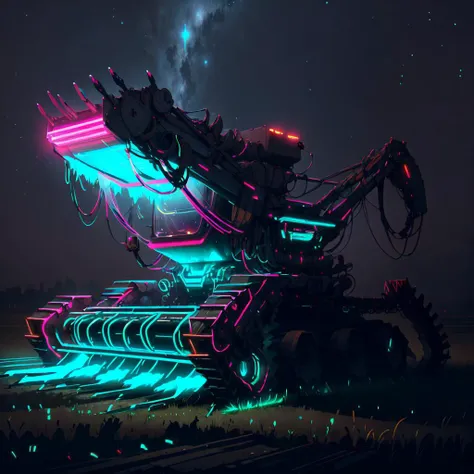 <lora:CyberPunkAI:.8> CyberPunkAI neon  combine harvester on field , night sky