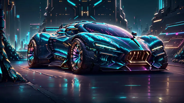 <lora:CyberPunkAI:0.8> <lora:style-BugattiAI:0.4> (CyberPunkAI:1.2), (BugattiAI:0.4), (sleek symmetrical futuristic sports car:1.2) with a futuristic weapon mount, (iridescent blue:1.4) paint, (city background, at night:1.4), highly detailed rims, (glowing rims:1.2), (intricate details, golden ratio, masterpiece:1.2), (8k, photorealistic, insane quality, best quality:1.6), extremely detailed, highest detail, highly detailed, incredibly detailed