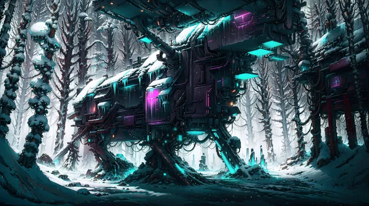 <lora:CyberPunkAI:1>,CyberpunkAI,neon,,
(highly detailed:1.3),
The Frostwood Forest, a haunting woodland where snow-laden trees stand sentinel, their branches creaking under the weight of ice, and where mythical ice creatures prowl,<lora:epi_noiseoffset2:2> ,
Ultra-detail,(highres:1.1),best quality,(masterpiece:1.3),cinematic lighting,