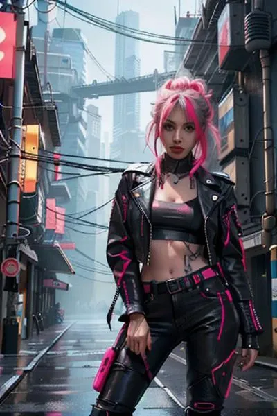 , a girl
, city background
, dynamic pose
, Full Length Shot(FLS)
, neon
, neon hair
, neon eyes
, black leather jacket
, <lora:CyberPunkAI:0.8> CyberpunkAI
