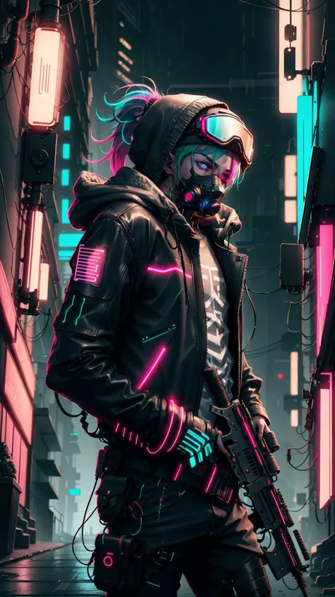 <lora:CyberPunkAI:0.8> CyberpunkAI, neon, 1boy, elf, neon hair, neon eyes, ponytail hairstyle, black leather jacket,sniper rifle, hood up, sneaking, mask,goggles,