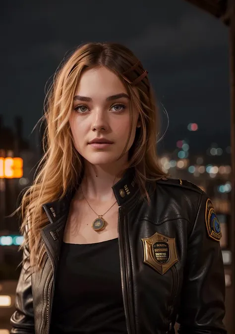 Portrait of dakfan as a beautiful female model, georgia fowler, beautiful face, with short dark brown hair, in cyberpunk city at night. She is wearing a leather jacket, black jeans, dramatic lighting, (police badge:1.2) <lora:Dakota Fanning:1>