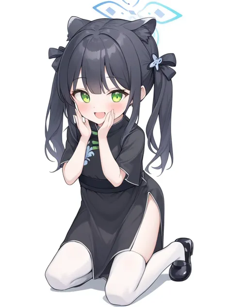 breathtaking,breathtaking,shun \(blue archive\),1girl,solo,blush,smile,open mouth,simple background,thighhighs,white background,dress,bow,twintails,full body,short sleeves,shoes,black footwear,black dress,arms up,white thighhighs,kneeling,halo,chinese clothes,aged down,china dress,<lora:Shun_image220_v1-000035:1>,professional,high budget,