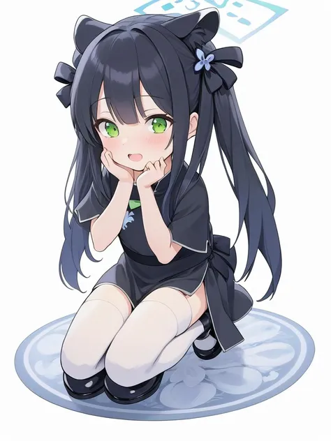breathtaking,breathtaking,shun \(blue archive\),1girl,solo,blush,smile,open mouth,simple background,thighhighs,white background,dress,bow,twintails,full body,short sleeves,shoes,black footwear,black dress,arms up,white thighhighs,kneeling,halo,chinese clothes,aged down,china dress,<lora:Shun_image220_v1-000035:1>,professional,high budget,