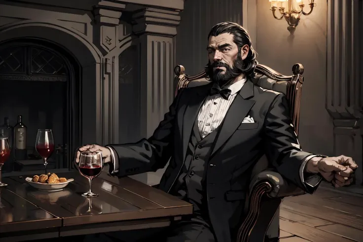 8k, excellent quality, intricate details, insanely detailed, masterpiece, outstanding, amazing, superb, elegant, studio lighting, trending on artstation, inn background BREAK
solo, detailed eyes BREAK <lora:brante_stye2:0.85> brante_stye2, 1man, elegant bearded aristocrat sitting on a armchair, (a glass of wine and a bottle) on the table, fireplace