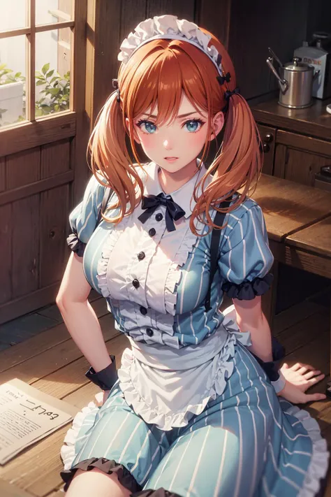 Highest quality、Maid clothes、Sitting、Flipping up a skirt、blush、Embarrassed face、Attractive breasts、Looking up at the viewer、night