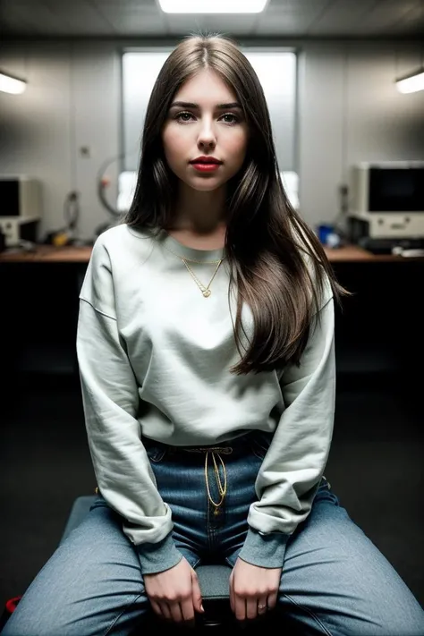 photo of fit (N13m1r4-135:0.99), a beautiful woman, perfect hair, (modern photo), wearing a (crew neck sweatshirt:1.2) and long pants with jewelry, portrait, 85mm, (analog, cinematic, film grain:1.3), (Quantum Computing Lab, Research facility with superconducting qubits, quantum algorithms, and entanglement experiments.), detailed eyes, professional pose, painted lips, (epiCPhoto), (looking at viewer:1.1), jewelry, (cinematic shot:1.3), (natural lighting, lit from above), <lora:add_detail:0.5>