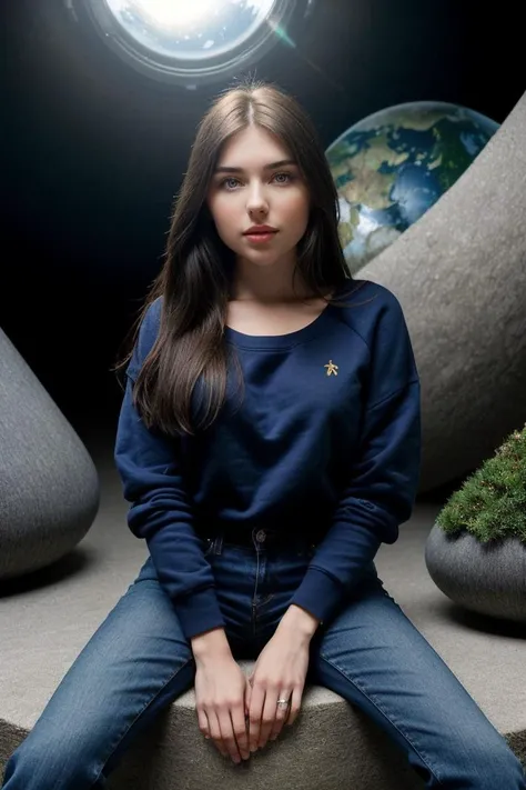 photo of fit (N13m1r4-135:0.99), a beautiful woman, perfect hair, (modern photo), wearing a (crew neck sweatshirt:1.2) and jeans with jewelry, portrait, 85mm, (analog, cinematic, film grain:1.3), (Floating Islands, Planet with gravity-defying islands offering unique ecosystems.), detailed eyes, professional pose, painted lips, (epiCPhoto), (looking at viewer:1.1), jewelry, (cinematic shot:1.3), (natural lighting, lit from above), <lora:add_detail:0.5>