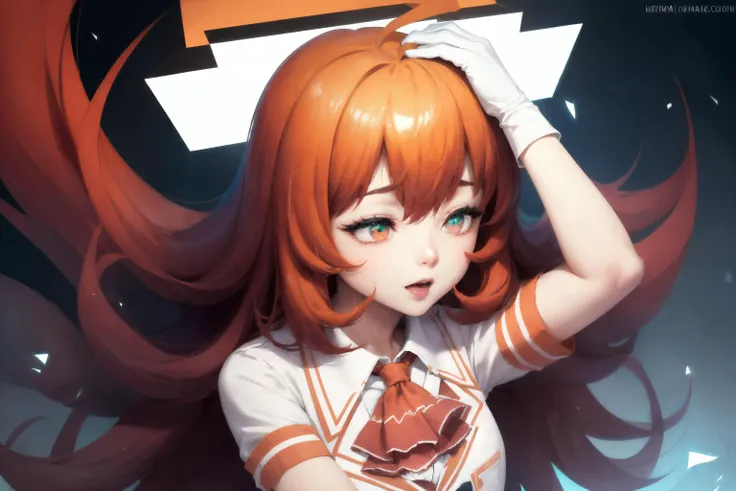 (detailed face and eyes:1.3),(1girl:1.2),Ultra-detail,(highres:1.1),best quality,(masterpiece:1.3),cinematic lighting,  <lora:stadiachan-nvwls-v1:1> stadia-chan, huge ahoge, multicolored eyes, ascot, white shirt, orange skirt, white gloves, orange thighhighs, white shoes,  <lora:ahetobleh-nvwls-v2:1> ahetobleh, from above, hands on own head, closed eyes, tongue,