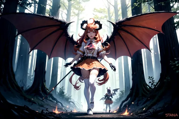 (detailed face and eyes:1.3),(1girl:1.2),Ultra-detail,(highres:1.1),best quality,(masterpiece:1.3),cinematic lighting,<lora:stadiachan-nvwls-v1:0.7>,stadia-chan,huge ahoge,multicolored eyes,ascot,white shirt,orange skirt,white gloves,orange thighhighs,white shoes,<lyco:DemonicT:0.5>,DemonicT,sclera,(horns:1.2),(wings:1.2),colored sclera,demon wings,(demon horns:1.1),slit pupils,full body,Landscape,Sony a7R IV Mirrorless Camera:1.2,Flaming whip thrust:1.5,Clinging to a Pole Pose:1.4,epic fantasy,a group of adventurers explore a mysterious and dangerous forest, said to be haunted by spirits