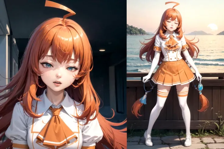 (detailed face and eyes:1.3),(1girl:1.2),Ultra-detail,(highres:1.1),best quality,(masterpiece:1.3),cinematic lighting, <lora:stadiachan-nvwls-v1:0.7>, stadia-chan, huge ahoge, multicolored eyes, ascot, white shirt, orange skirt, white gloves, orange thighhighs, white shoes, <lora:ahetobleh-nvwls-v2:0.8>, ahetobleh, from above, hands on own head, closed eyes, tongue, full body, Portrait,Phuket, Thailand